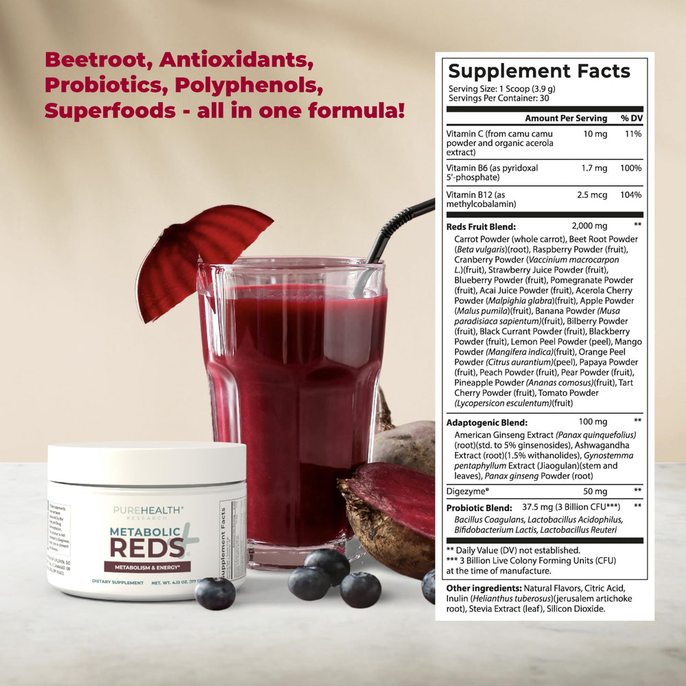 PUREHEALTH RESEARCH Reds probiotic blend highlights potential gut comfort.
