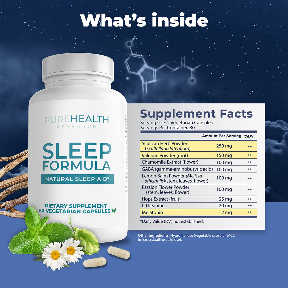 PUREHEALTH RESEARCH Sleep Formula back label explains valerian and GABA ingredients supporting relaxation.