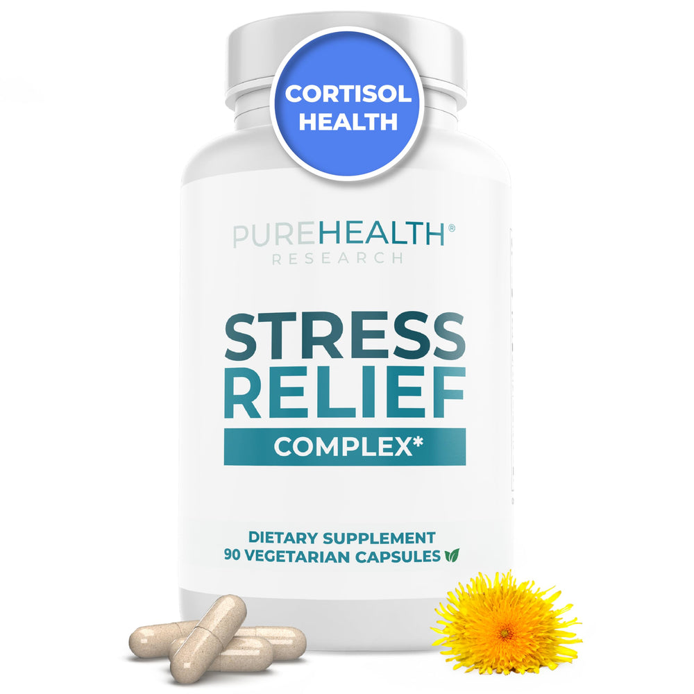 PUREHEALTH RESEARCH Stress Release Complex bottle front supports daily mood balance.