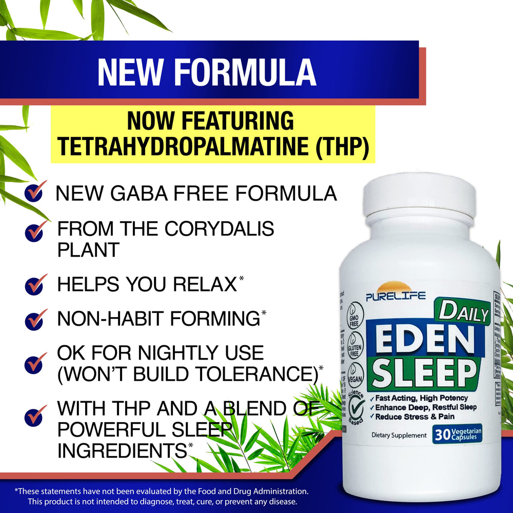 PureLife Eden THP formula capsules close up highlighting relaxation support.