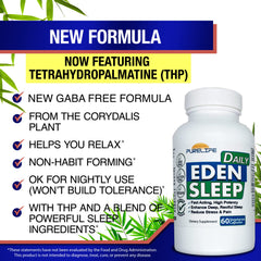 PureLife Eden Daily Sleep capsules close-up highlighting vegan, non-GMO formula.