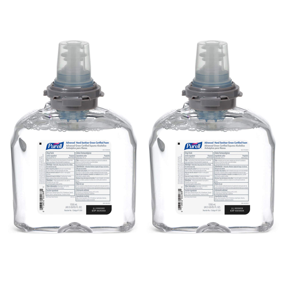 Purell Advanced Green Certified foam refill bottle shows 1200 mL capacity for reliable supply.