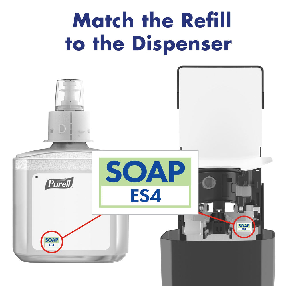 Dispenser-ready Purell refill being prepared for ES4 installation in busy restroom