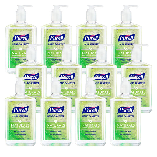 Purell Naturals hand sanitizer bottle on counter for quick germ-killing on the go.