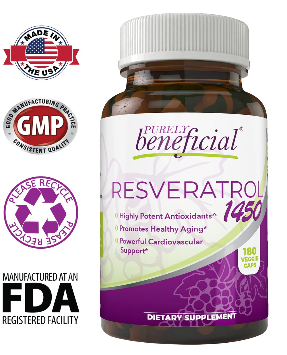 PURELY beneficial RESVERATROL1450 ingredients list emphasizing natural no-fillers formula