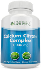 Purely Holistic calcium citrate bottle with 365 vegan capsules and high bioavailability.