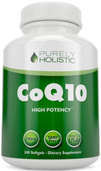 Purely Holistic CoQ10 softgels bottle front for daily energy support potential.