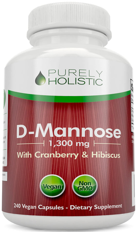 Purely Holistic D Mannose bottle label showing 1300mg per serving for urinary support