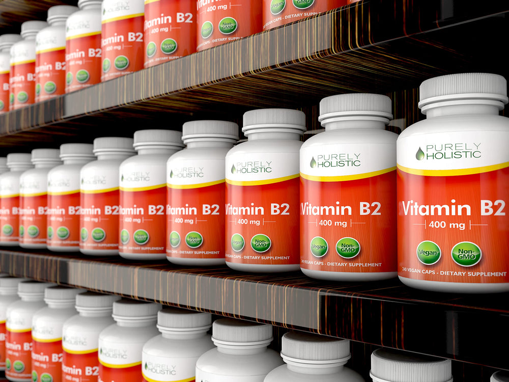 Purely Holistic eight-month supply bottle signals long term vitamin B2 support