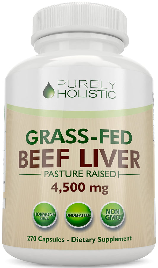 Purely Holistic grass-fed beef liver capsules bottle front showing value and potency