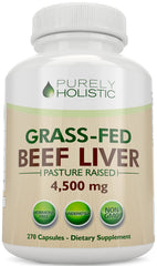 Purely Holistic grass-fed beef liver capsules bottle front showing value and potency