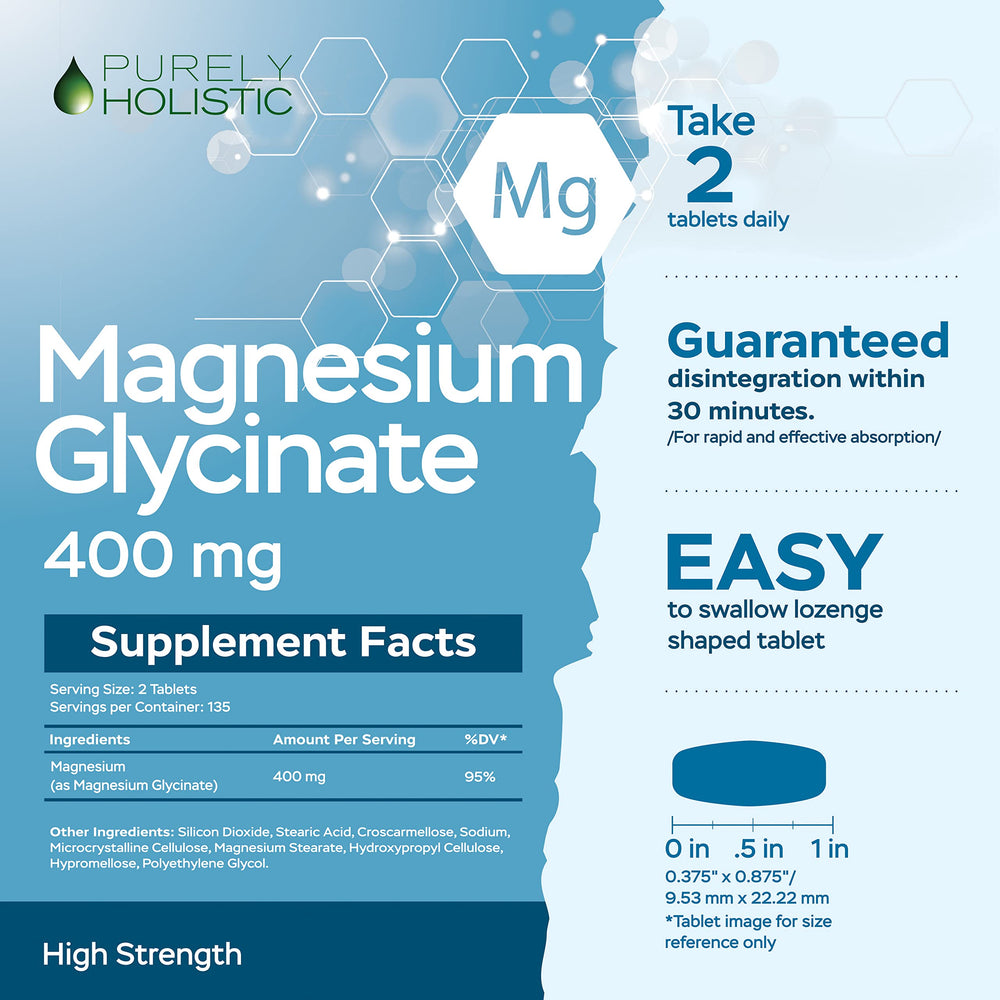 Purely Holistic Magnesium Glycinate ingredients chart, showcasing high bioavailability and purity.