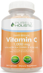 Purely Holistic Vitamin C 1000mg bottle shows 365 capsules for all-day support.