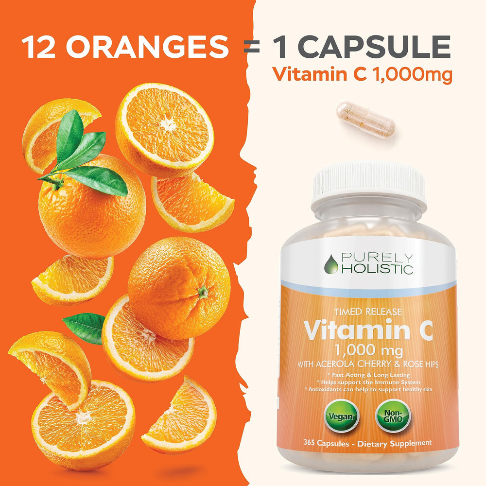 Ingredients panel of Purely Holistic Vitamin C bottle highlights bioflavonoids.