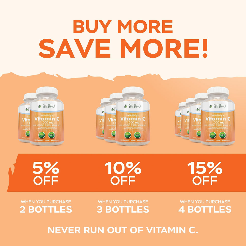 One-year supply packaging of Purely Holistic Vitamin C with 365 capsules.