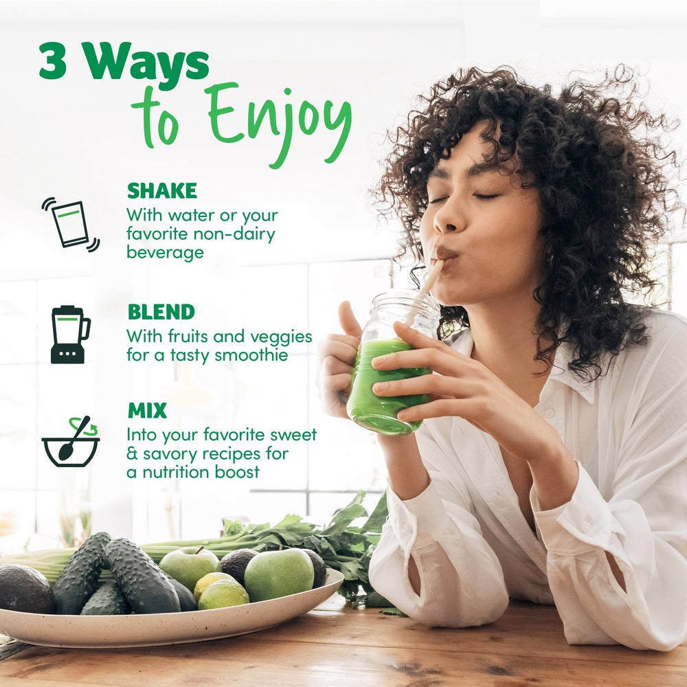 Packaging of Purely Inspired Organic Greens emphasizes clean, unflavored ingredients.
