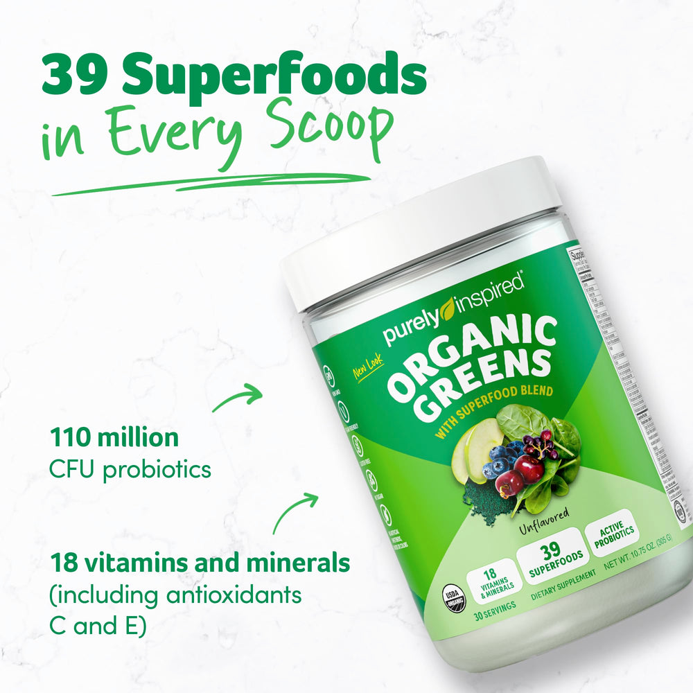 Pouring Purely Inspired Organic Greens into a glass for a quick, convenient nutrient boost.