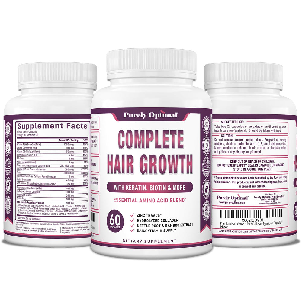 Purely Optimal Hair Growth Vitamins unflavored formula displayed on countertop