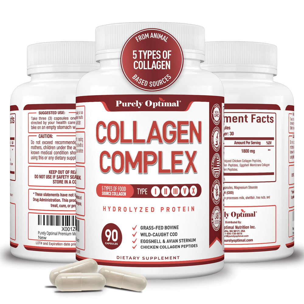 Purely Optimal multi collagen bottle open, easy daily capsules for skincare and joint support.