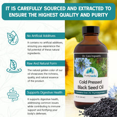 Amber bottle of Purely Wild Black Seed Oil, sustainably sourced and non-GMO.