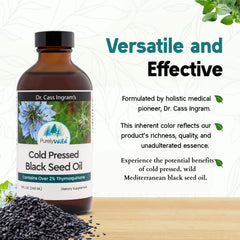 Purely Wild Black Seed Oil label close-up, highlighting unrefined quality and aroma.