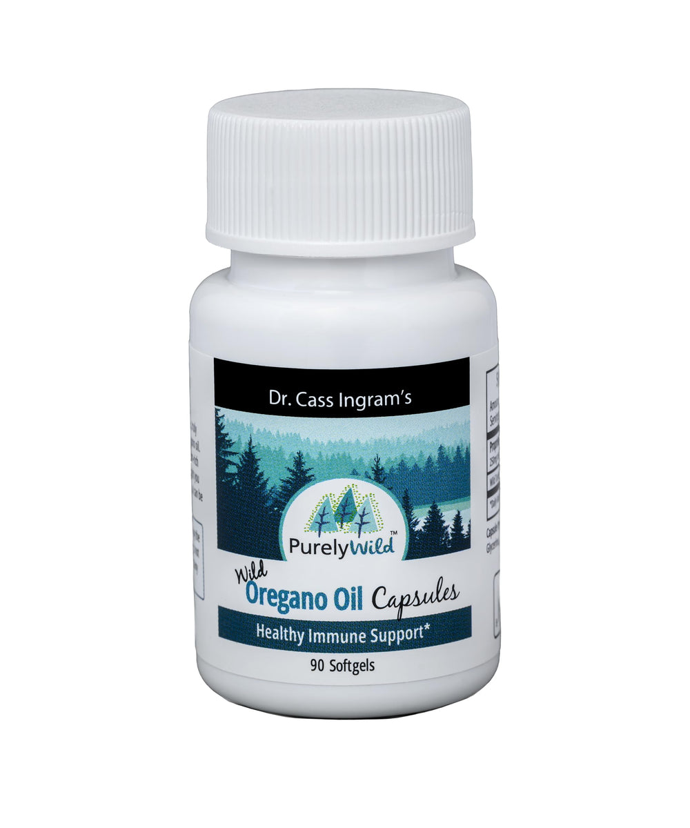 Purely Wild Dr. Cass Ingram oregano oil gelcaps bottle, wild-harvested oregano for daily immune support.