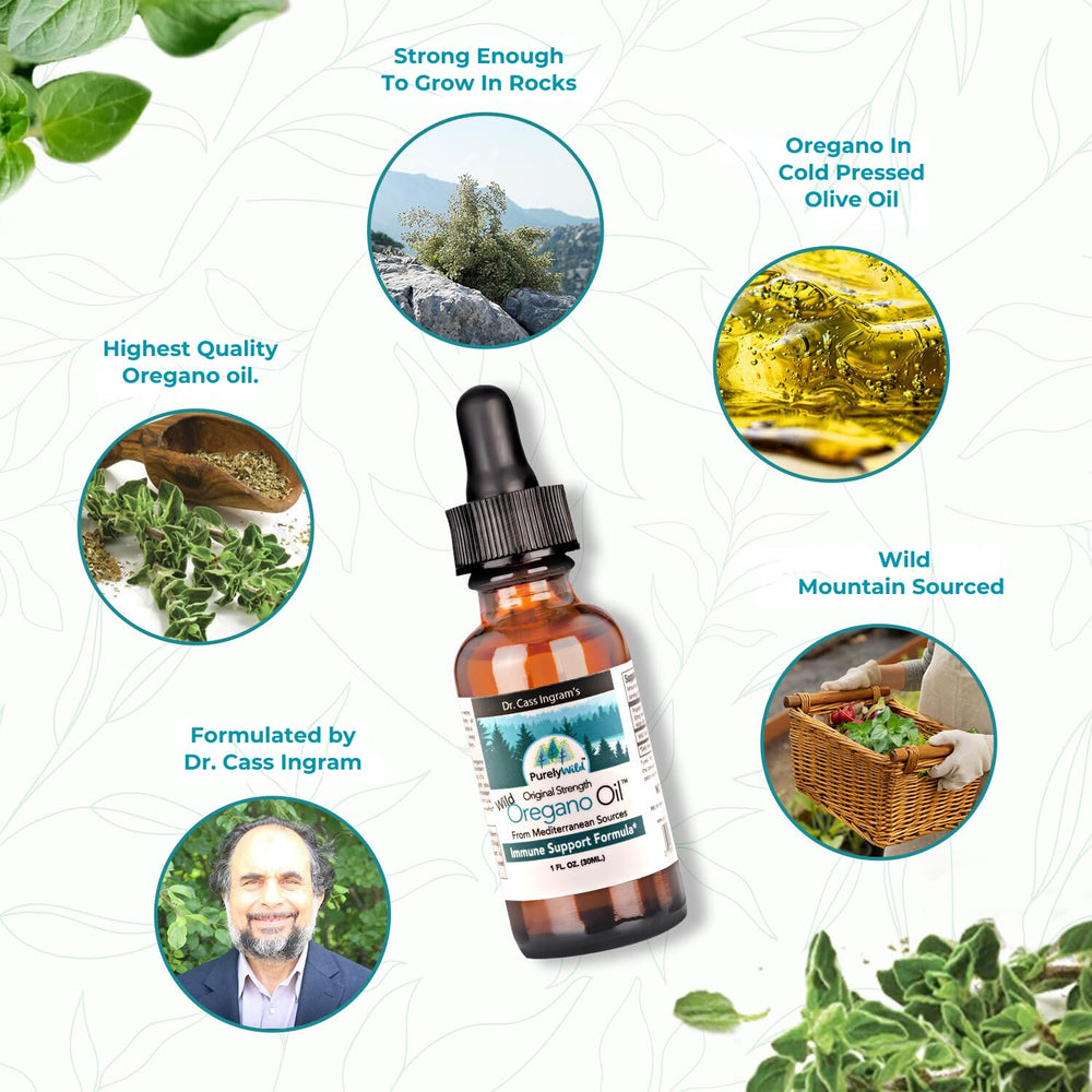 Purely Wild oregano oil bottle against Mediterranean mountains with natural harvest vibe.
