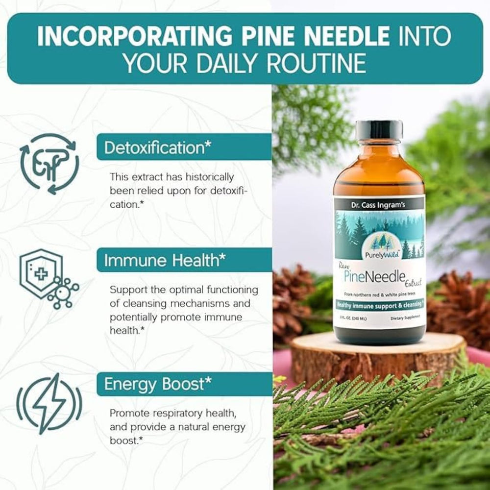 Close-up of Purely Wild pine needle extract label highlighting live potency