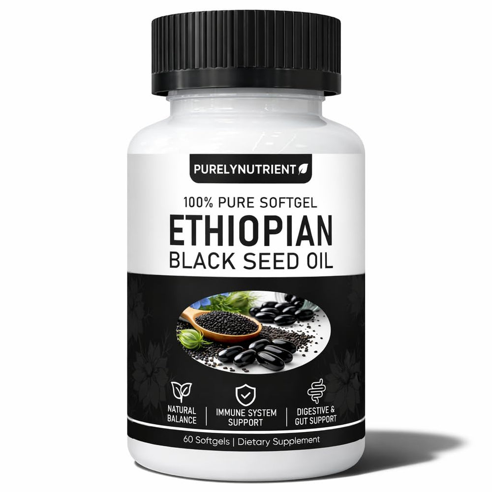 Purelynutrient Ethiopian black seed oil bottle showing organic cold-pressed extraction for daily wellness.