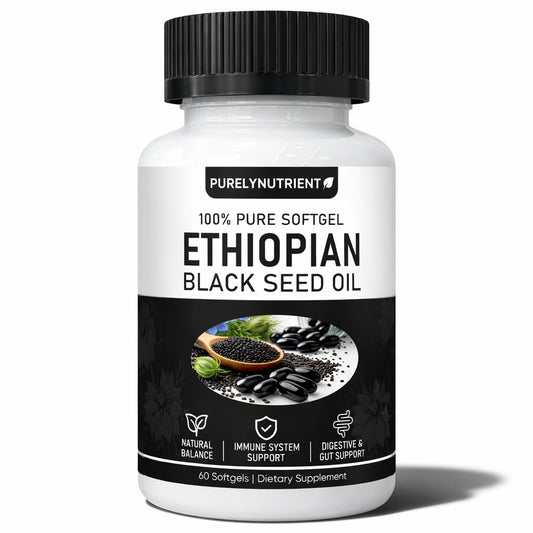 Purelynutrient Ethiopian black seed oil bottle showing organic cold-pressed extraction for daily wellness.