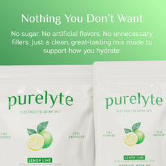Purelyte on-the-go hydration packs shown with a water bottle.