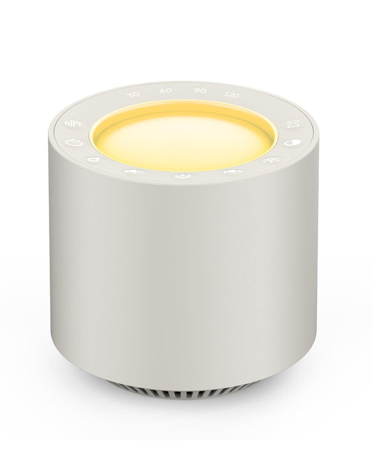 PureNurt white noise red light sleep machine on a nursery dresser for calming sleep.