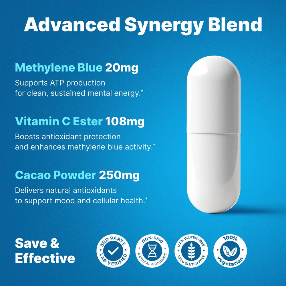 PureNutra Methylene Blue capsules label detail indicating pharmaceutical quality
