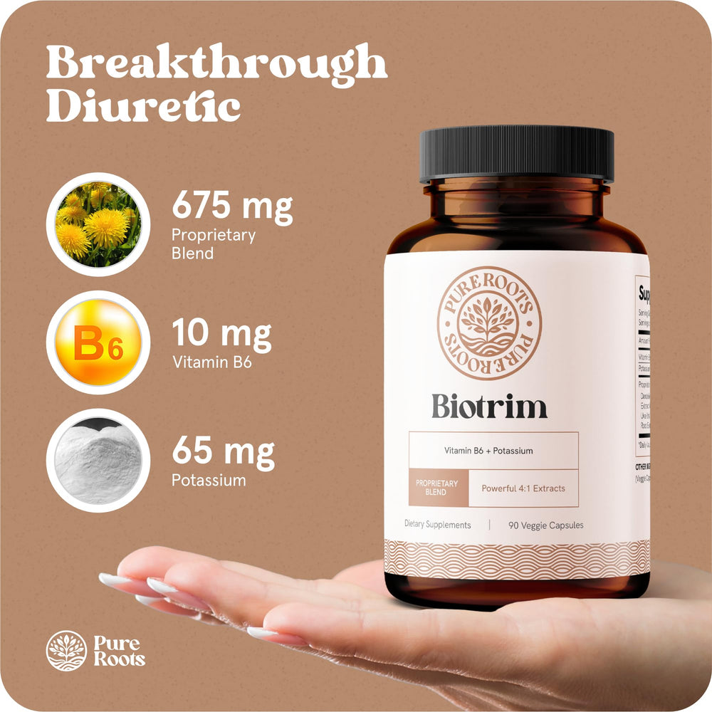 PureRoots Biotrim label close-up showing vitamin B6 and potassium for fluid balance