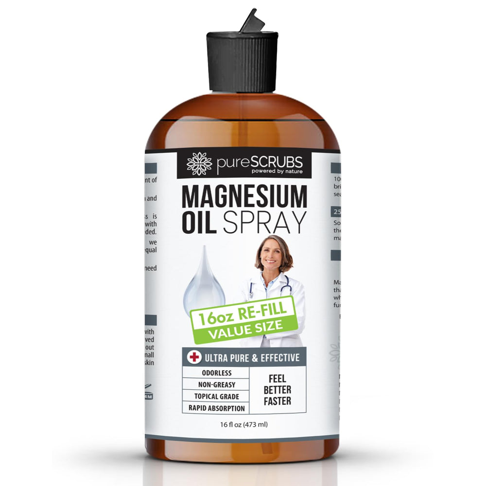 PureSCRUBS Magnesium Oil bottle, front view, ready for topical use.