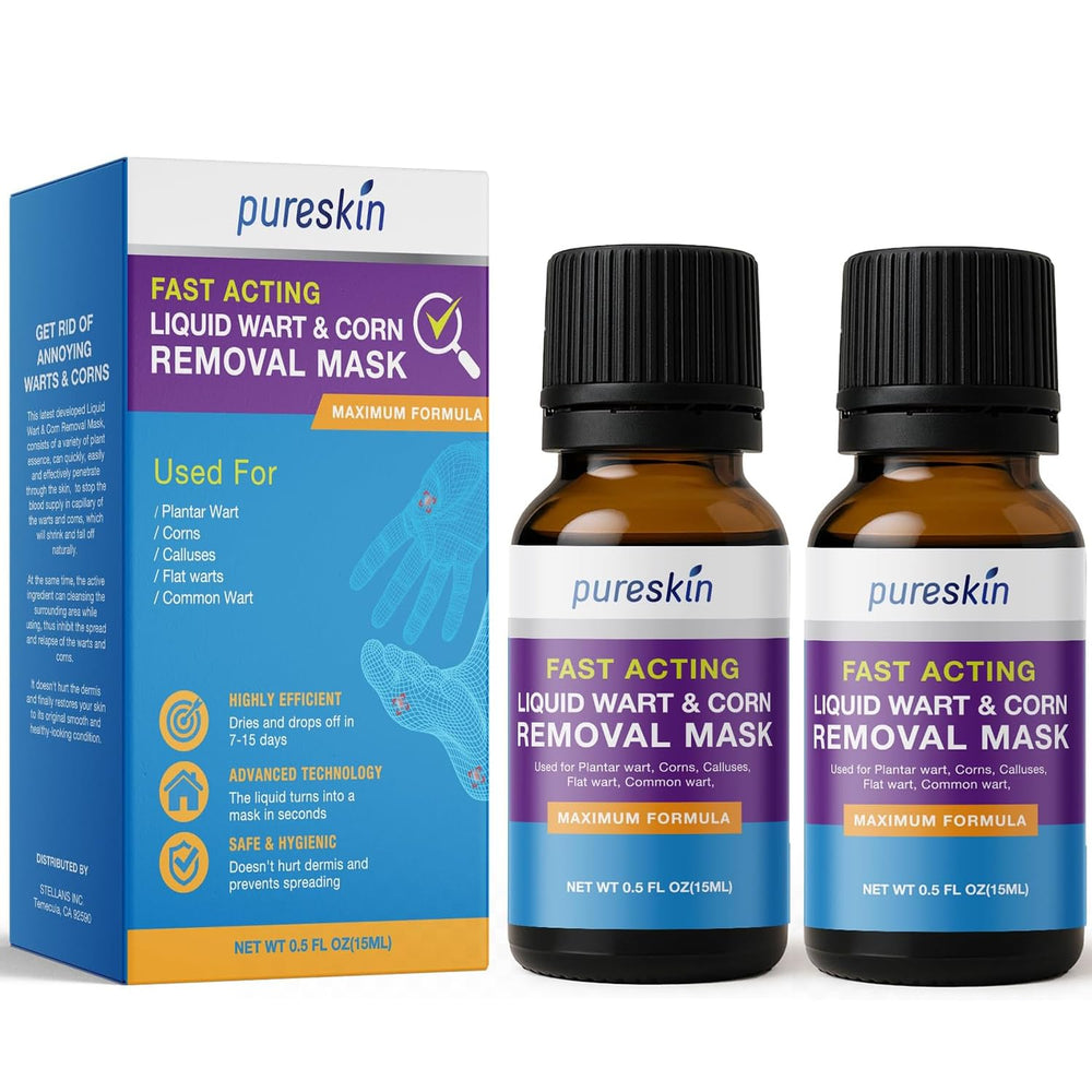 PURESKIN wart remover bottle shown for at‑home plantar and finger wart care.