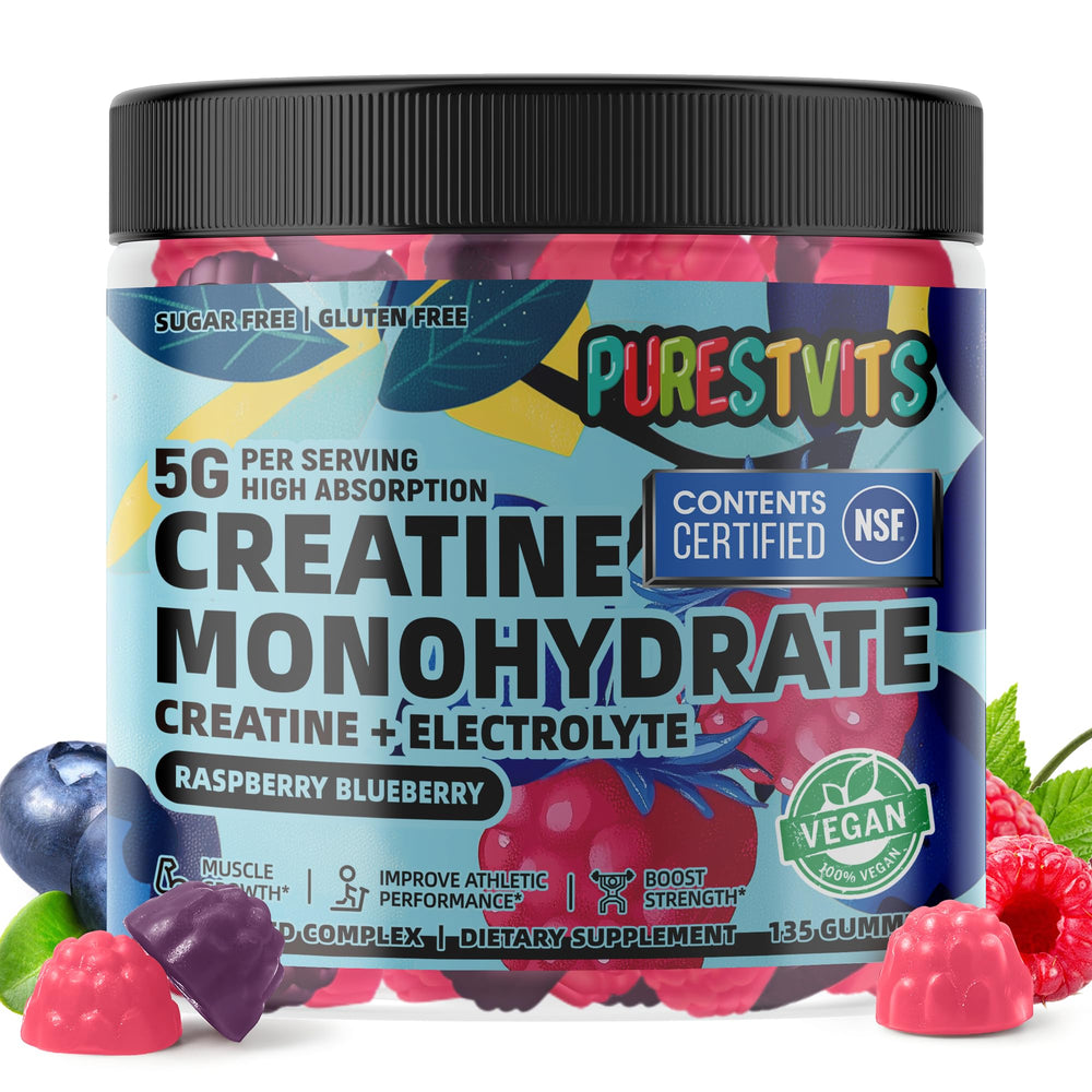 PURESTVITS creatine gummy blueberry-raspberry flavor bottle ready for workouts