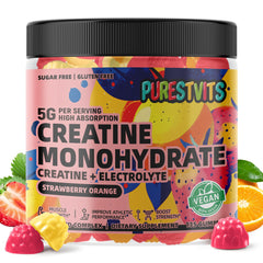 PURESTVITS Creatine Gummy bottle being poured with strawberry orange flavor for workouts