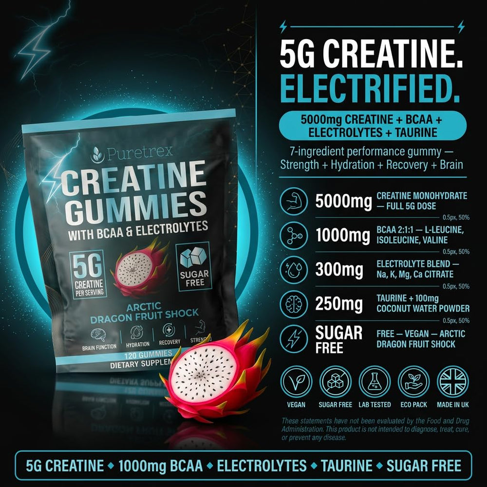 Puretrex Arctic Dragon Fruit gummies jar delivers tasty flavor with zero sugar for workouts.