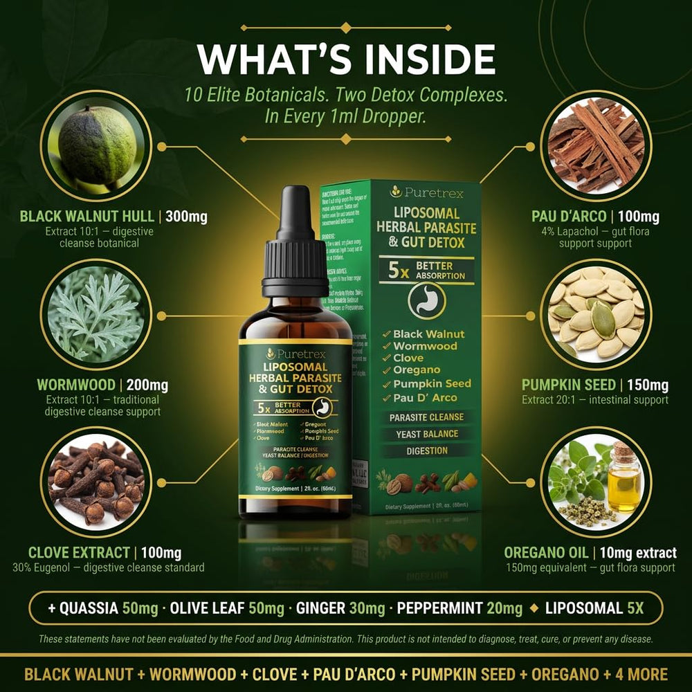 PURETREX Black Walnut ingredient panel—traditional blend supporting gut balance and gentle cleansing.