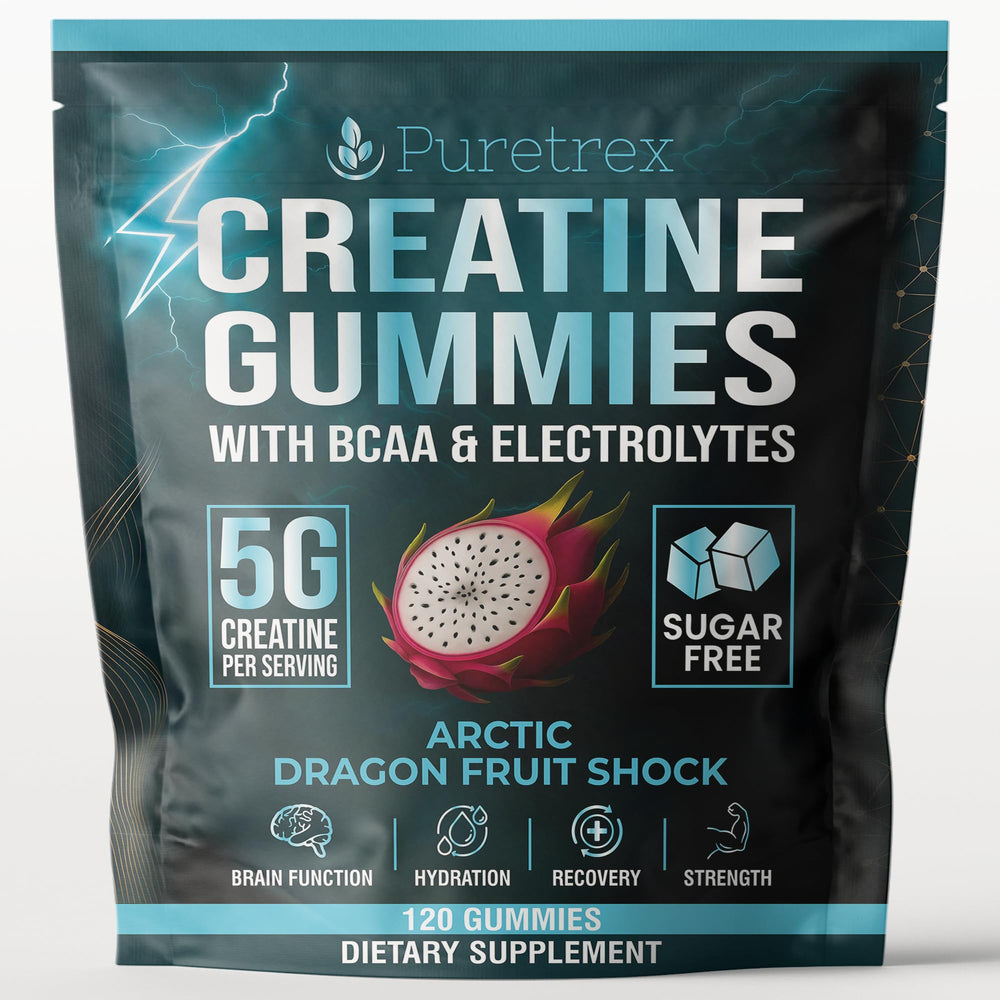 Puretrex creatine gummies bottle offers convenient workout dosing for on-the-go athletes.