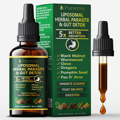 PURETREX Liposomal Parasite Drops bottle—fast-acting liquid format for on-the-go support.