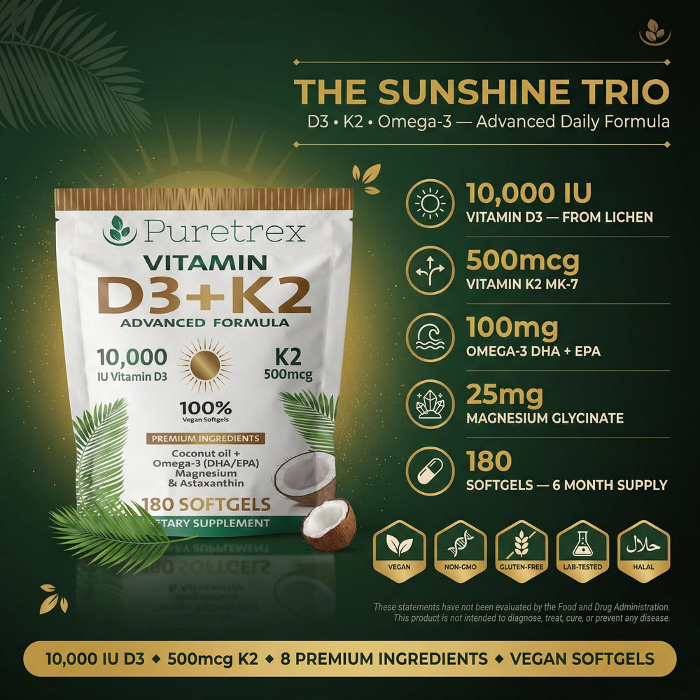 PureTrex Vitamin D3 10,000 IU close-up highlights D3-K2 blend for bone balance
