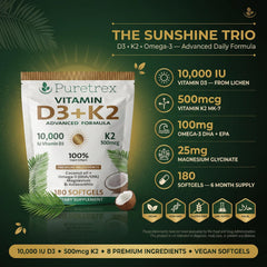 PureTrex Vitamin D3 10,000 IU close-up highlights D3-K2 blend for bone balance