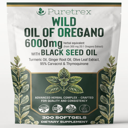 PURETREX Wild Oregano 6000mg bottle showcasing immune-support formula.