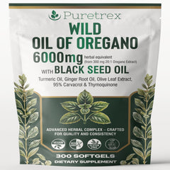 PURETREX Wild Oregano 6000mg bottle showcasing immune-support formula.