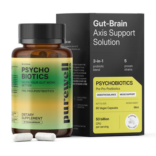 PUREWELL SCIENCES Psychobiotics bottle label showing 50B CFU per serving.