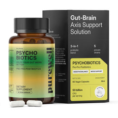 PUREWELL SCIENCES Psychobiotics bottle label showing 50B CFU per serving.