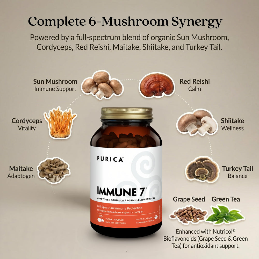 Label detail on PURICA Immune 7 Complex highlighting organic mushrooms