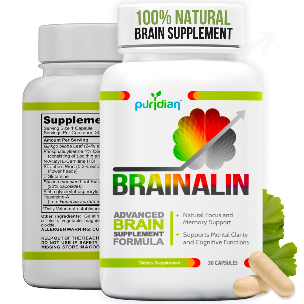 Puridian Brainalin bottle front view for memory and focus support.